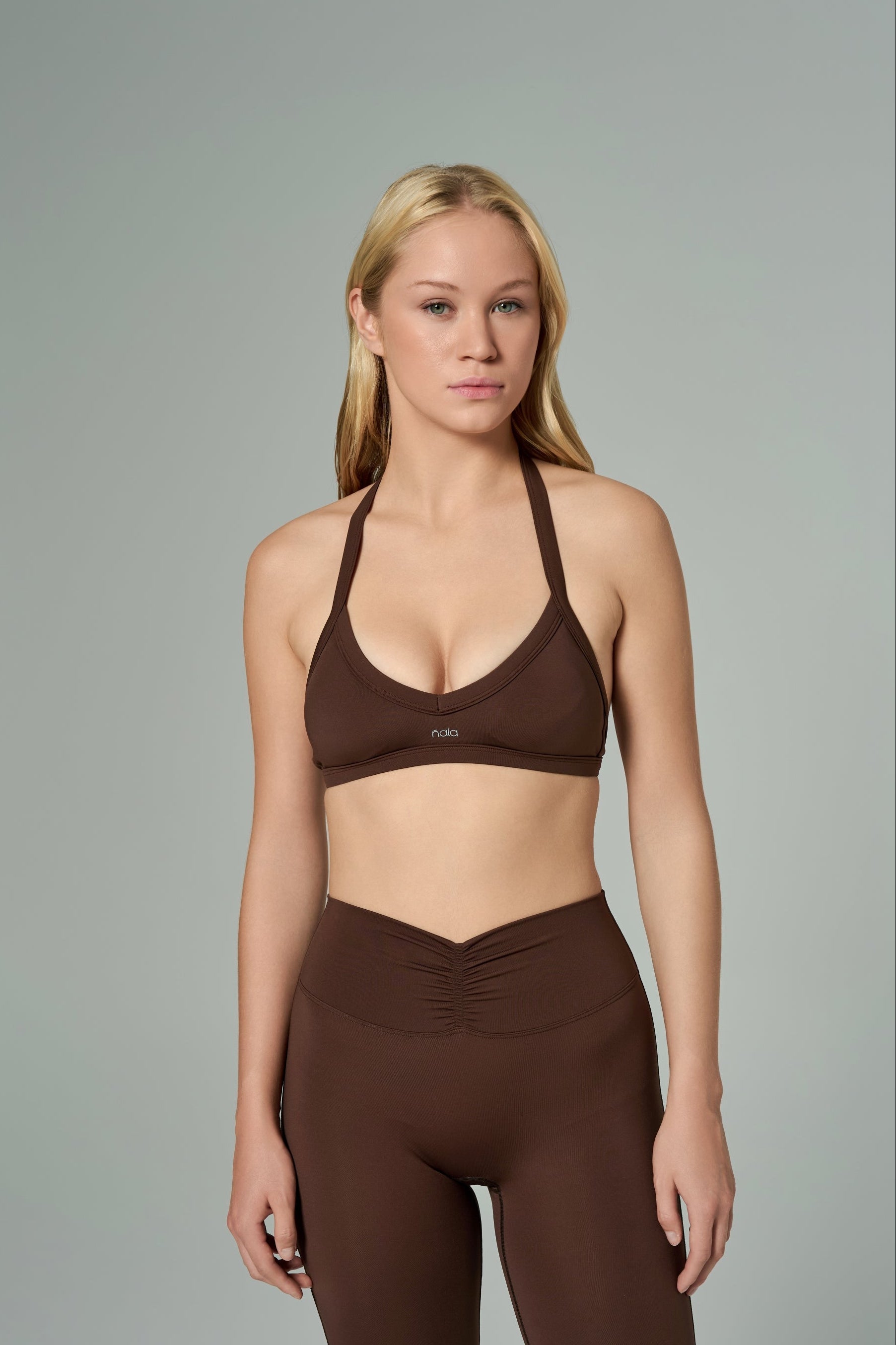 'Scarlet' Backless Halter Neck Sports Bra | Brown