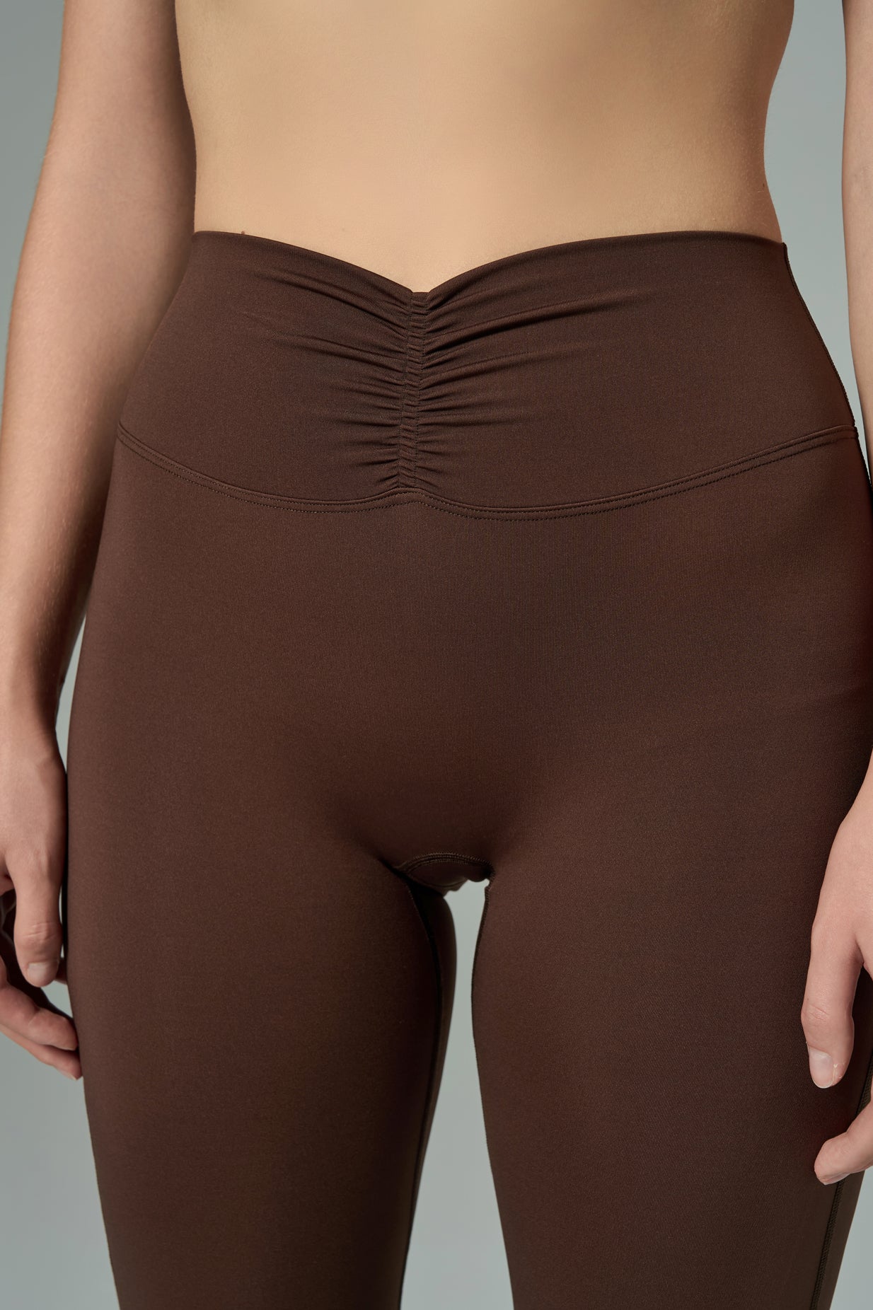 'Angelina Flare' High Waist Leggings with Ruched Waistband | Brown